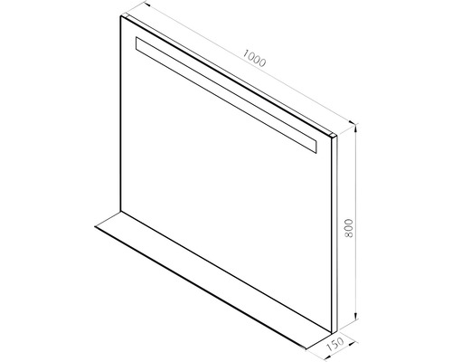 Schéma technique d''un miroir avec les dimensions 1000 x 800 x 150 millimètres