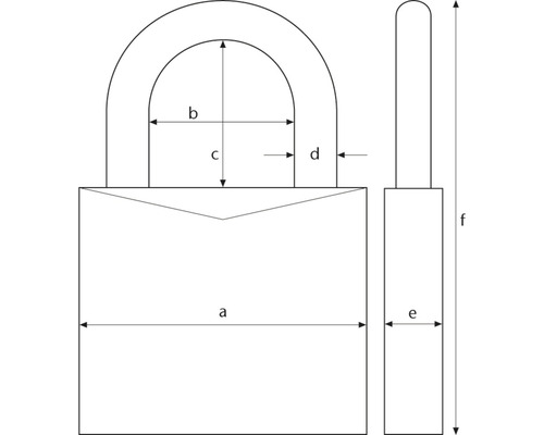 Image d''un cadenas avec les indications de mesure a, b, c, d, e et f.