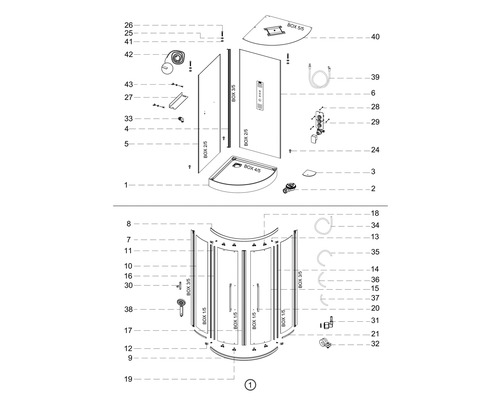 Explosionszeichnung einer Dusche mit allen Einzelteilen