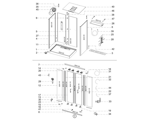 Schéma éclaté d''une douche avec pièces détachées et numéros, présenté pour le montage.