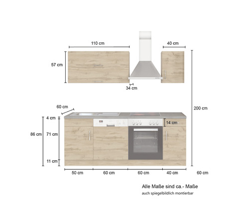 Cuisine équipée avec éléments bas, éléments hauts, évier, lave-vaisselle, cuisinière et four avec dimensions