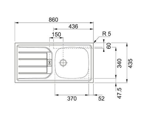 Technische Zeichnung einer Küchenspüle mit Maßangaben