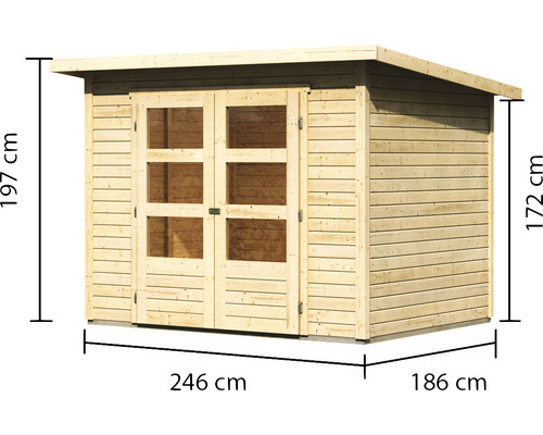 Holzgartenhaus mit Abmessungen 246 cm x 186 cm x 197 cm