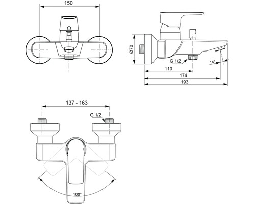 Technische Zeichnung einer Armatur mit Maßangaben