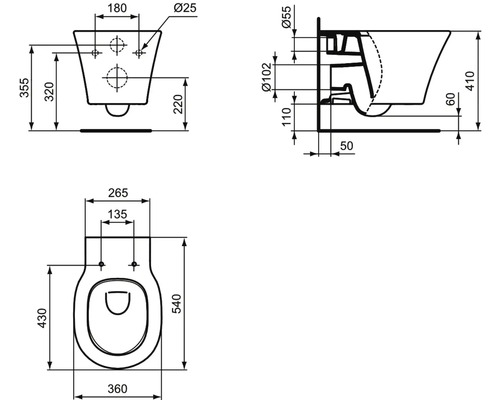 Dessin technique de toilettes avec dimensions.