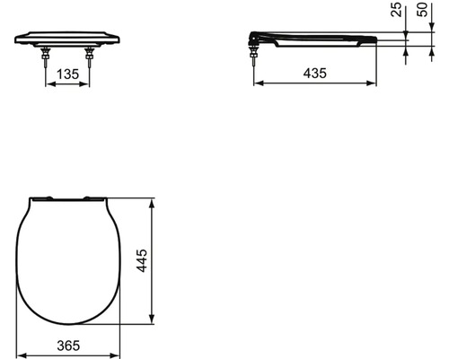 Technische Zeichnung eines Toilettendeckels mit Maßangaben.