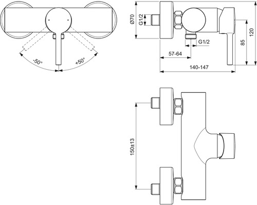 Technische Zeichnung einer Armatur mit Maßangaben