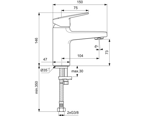 Technische Zeichnung einer Armatur mit Maßangaben