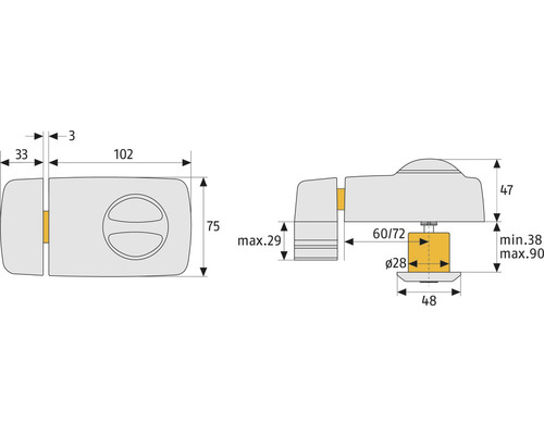 Dessin technique d''un verrou de porte avec indication des dimensions