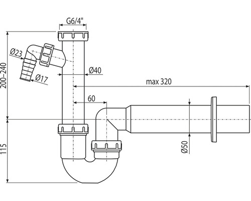 Dessin technique d''un siphon avec indications de dimensions