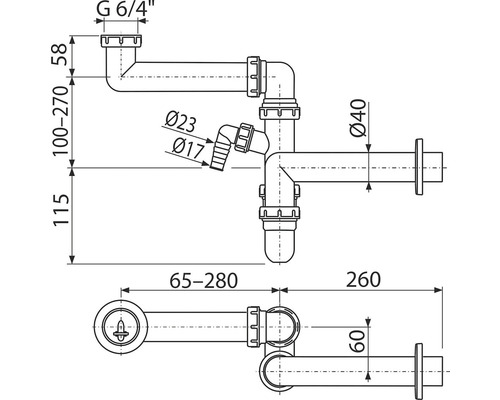 Schéma technique d''un siphon avec indication des dimensions