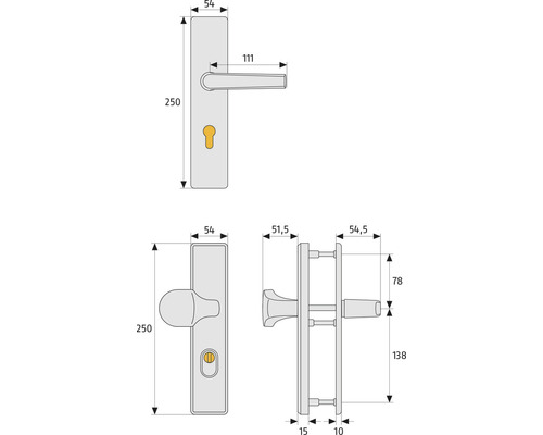 Technische Zeichnung eines Türbeschlags mit Griff und Maßen
