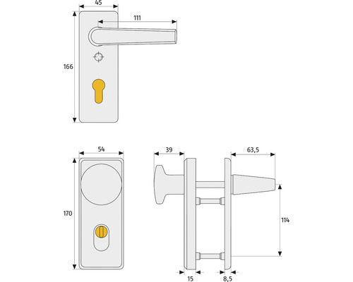 Technische Zeichnung eines Türbeschlags mit Maßangaben