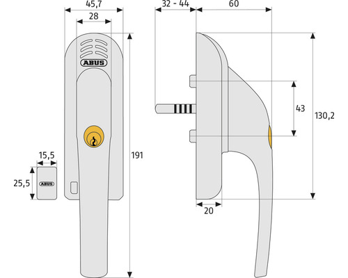 Technische Zeichnung eines abschließbaren Fenstergriffs mit Maßangaben
