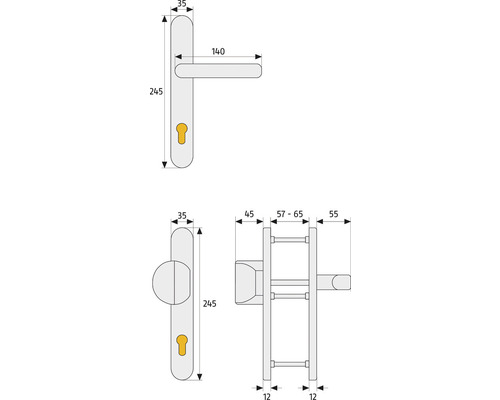 Technische Zeichnung eines Türgriffs mit Maßangaben