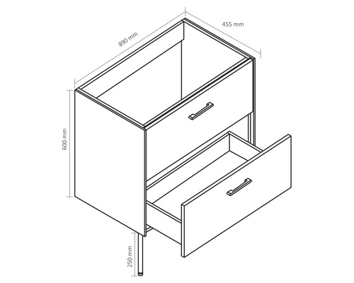 Dessin d''un meuble sous-lavabo avec tiroirs et dimensions