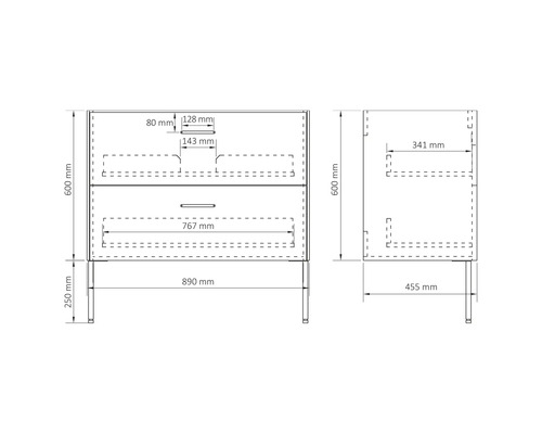 Schéma technique d''un meuble sous-vasque avec les dimensions