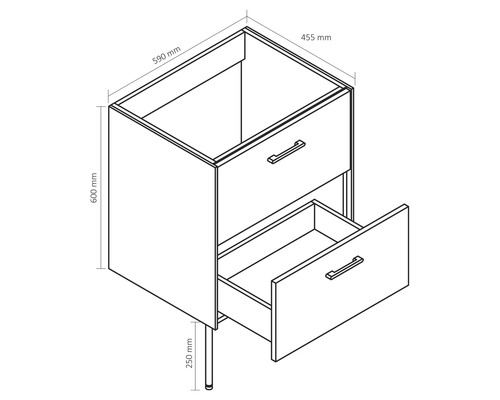 Schéma d''un meuble sous-lavabo avec tiroirs et dimensions