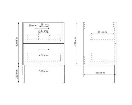 Schéma technique d''un meuble sous-lavabo avec dimensions.