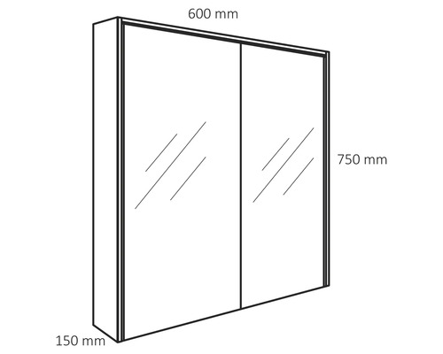 Dessin d''une armoire de toilette avec les dimensions suivantes : 600 mm de largeur, 750 mm de hauteur et 150 mm de profondeur.