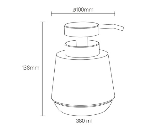 Technische Zeichnung eines Seifenspenders mit den Maßen 138 mm Höhe, 100 mm Durchmesser und einem Fassungsvermögen von 380 ml.