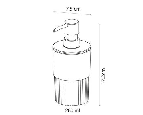 Seifenspender mit den Maßen 7,5 cm x 17,2 cm und einem Fassungsvermögen von 280 ml.