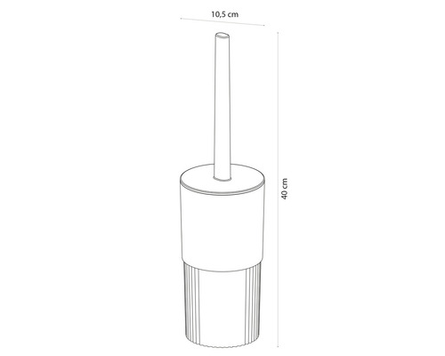 Illustration einer Toilettenbürste mit den Maßen 40 Zentimeter Höhe und 10,5 Zentimeter Durchmesser.