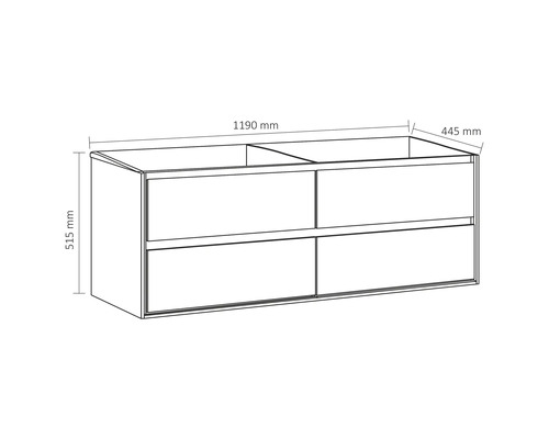 Dessin technique d''un meuble sous-lavabo avec des dimensions de 1190 mm de largeur, 515 mm de hauteur et 445 mm de profondeur.