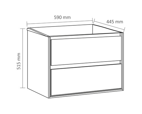 Technische Zeichnung eines Waschtischunterschranks mit Abmessungen