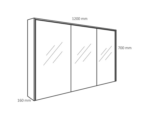 Technische Zeichnung eines Spiegelschranks mit den Maßen 1200 mm Breite, 700 mm Höhe und 160 mm Tiefe.