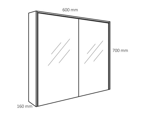 Image d''une armoire de toilette avec des dimensions de 600 mm de largeur, 700 mm de hauteur et 160 mm de profondeur.