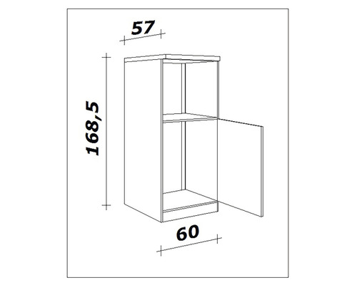 Dessin technique d''un élément haut avec les dimensions suivantes : hauteur 168,5 cm, largeur 60 cm et profondeur 57 cm.
