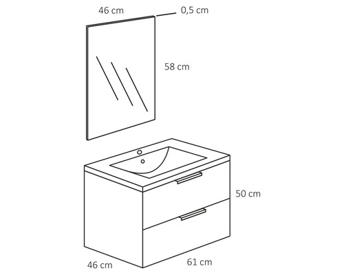 Dessin d''un meuble sous-lavabo avec deux tiroirs, lavabo et miroir avec dimensions