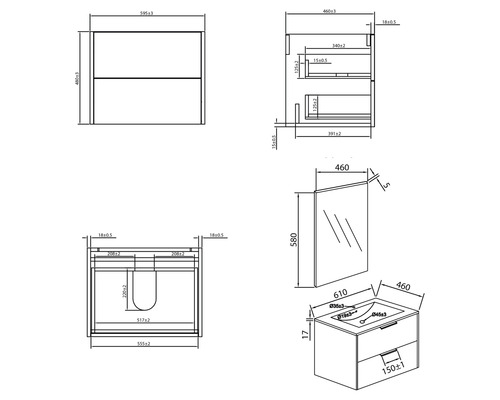 Plan de dimensions du produit pour un meuble-lavabo avec miroir