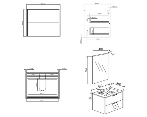 Schéma technique d''un meuble sous-lavabo avec lavabo et miroir