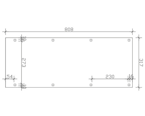 Dessin technique avec cotes pour une plaque rectangulaire : longueur 808, hauteur 317, autres cotes de détail