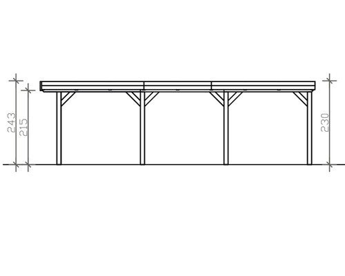 Illustration einer Holzpergola mit den Maßen 243 Zentimeter Höhe, 215 Zentimeter Höhe und 230 Zentimeter Pfostenhöhe.