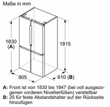 Maßzeichnung eines Kühlschranks mit den Maßen in Millimetern.