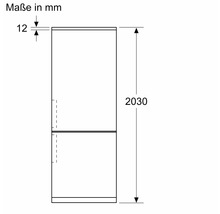 Technische Zeichnung eines Kühlschranks mit den Maßen 2030 mm Höhe und 12 mm Tiefe