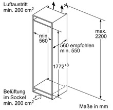 Technische Zeichnung eines Hochschranks mit Maßangaben in Millimeter