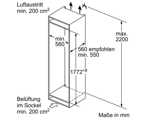 Technische Zeichnung eines Hochschranks mit Maßangaben in Millimeter