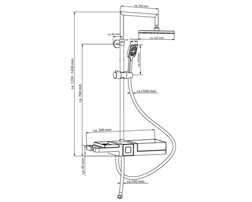 Schéma technique d''un ensemble de douche avec cotes