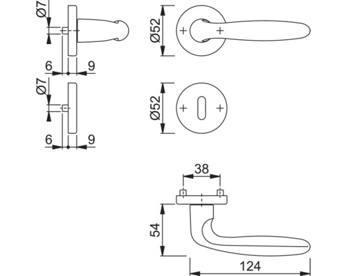 Schéma technique d''une poignée de porte avec les dimensions