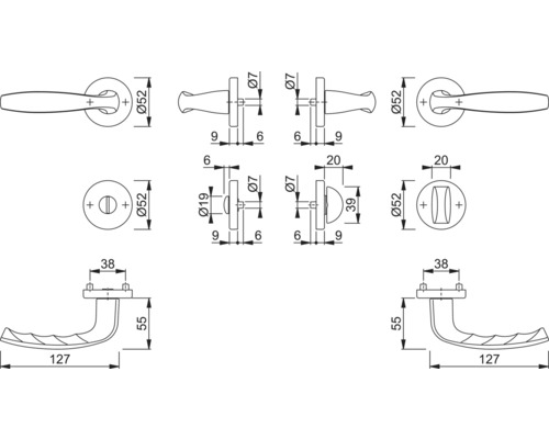 Schéma technique d''une poignée de porte avec dimensions