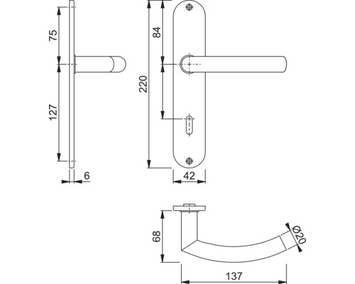 Schéma technique d''une poignée de porte avec dimensions