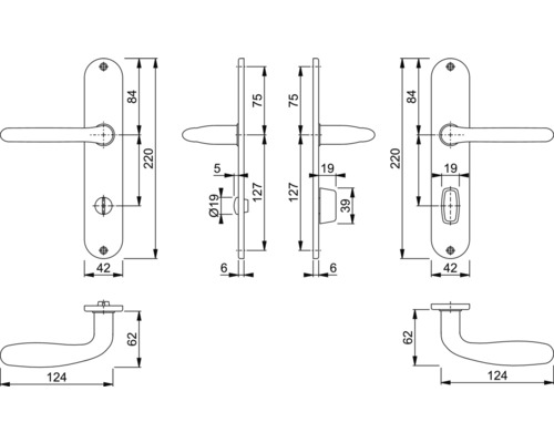 Schéma technique d''une poignée de porte avec les dimensions