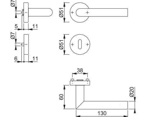 Technische Zeichnung eines Türdrückers mit Maßangaben