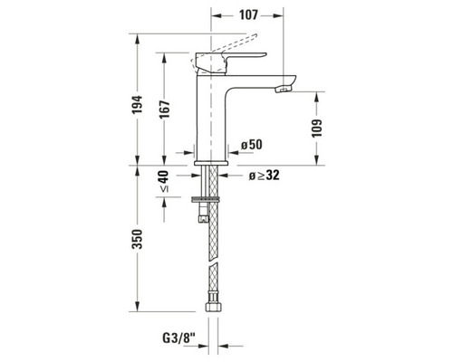 Technische Zeichnung einer Armatur mit Maßangaben.