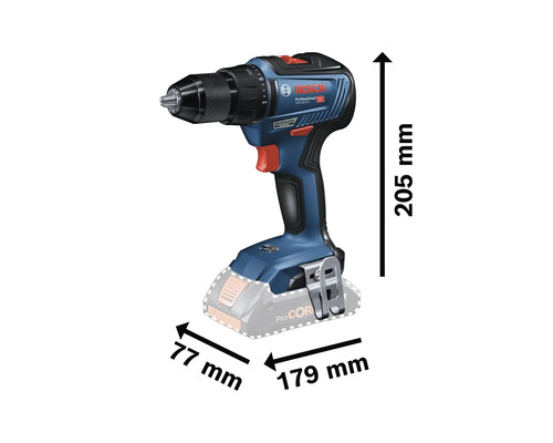 Image d'une perceuse-visseuse sans fil avec indication des dimensions en millimètres.
