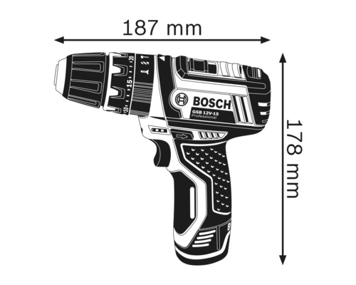 Visseuse-perceuse sans fil Bosch GSB 12V-15 Professional avec dimensions